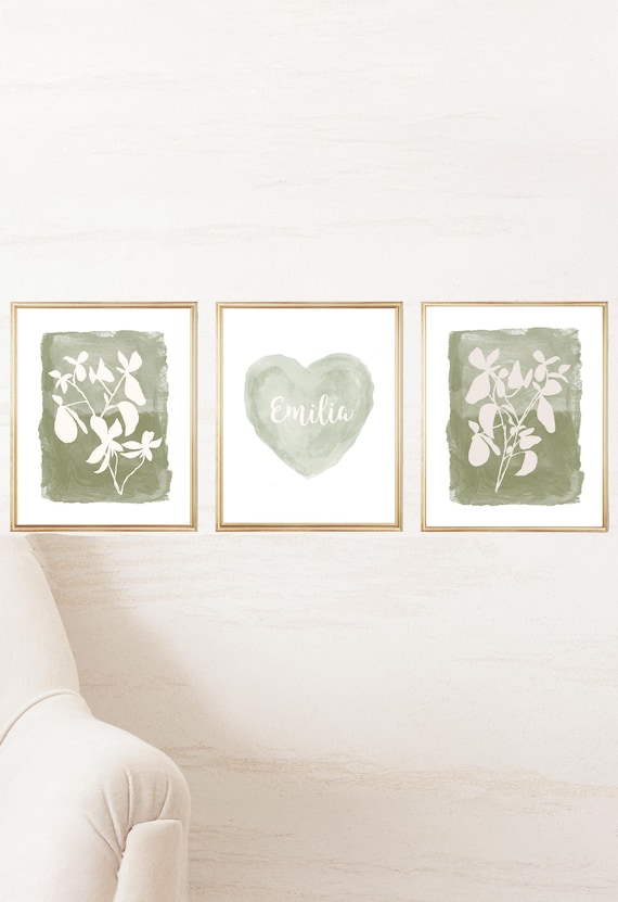 Sage Green Wall Decor for Girls Bedroom, Set of 3 Botanical and Heart Print