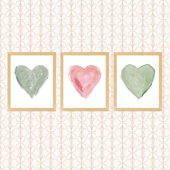 Sage Green and Dusty Rose Hearts Print Set
