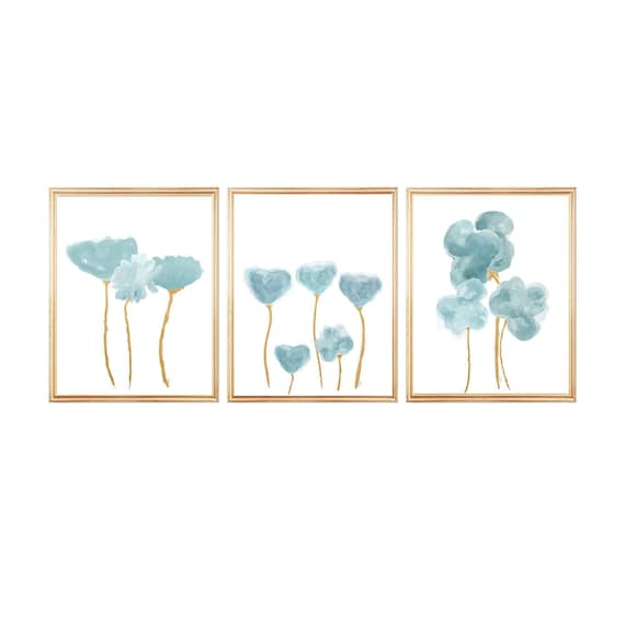 Teal and Gold Floral Wall Decor, Set of 3 Watercolor Prints