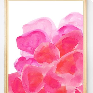 May include: Abstract watercolor painting with pink and red hues. The painting features overlapping shapes that resemble petals or clouds. The background is white.
