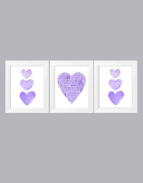 Purple Girls Room Wall Decor, Set of 3 Heart Prints