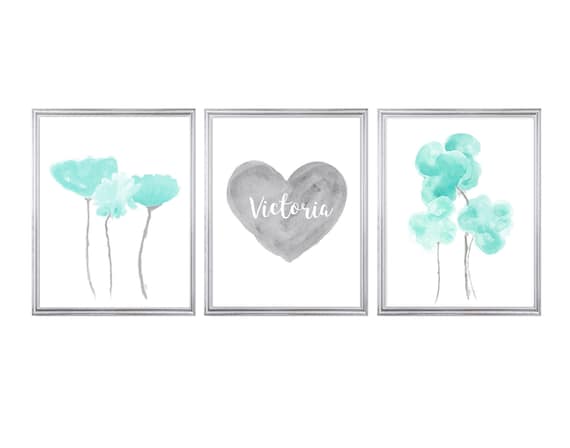 Aqua and Gray Girls Wall Art, Set of 3 Prints