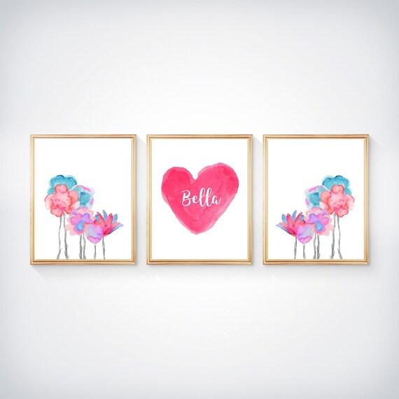 Bright Watercolor Flower Prints, Personalized -Set of 3 For Boho Bedroom