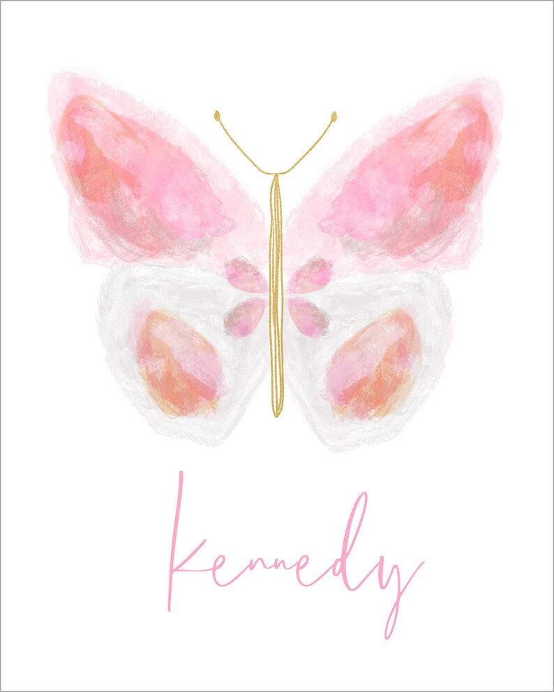 May include: A watercolor butterfly with pink and white wings and a gold outline. The name "Kennedy" is written in pink script below the butterfly.