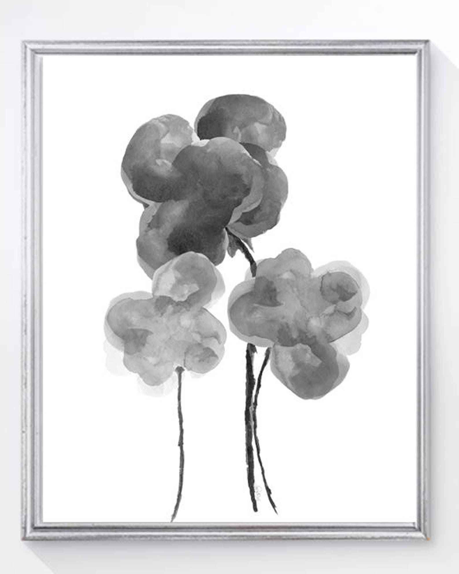 Gray Flower Prints Set of 3 Black Floral Prints Charcoal Etsy