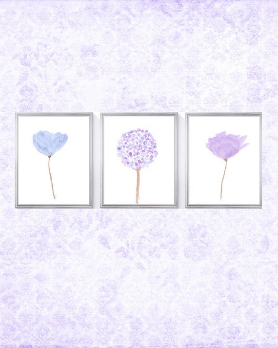 Lavender and Blue Flower Prints, Set of 3-8x10 Watercolor Floral Prints