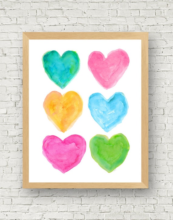 Preppy Wall Art: Bright Watercolor Hearts Print