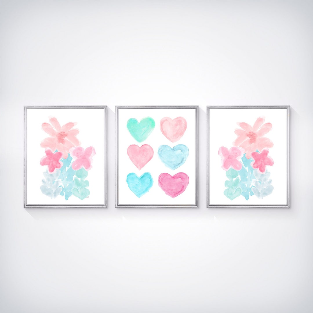 Pink and Aqua Wall Decor Pastel Hearts and Flower Prints Set Etsy
