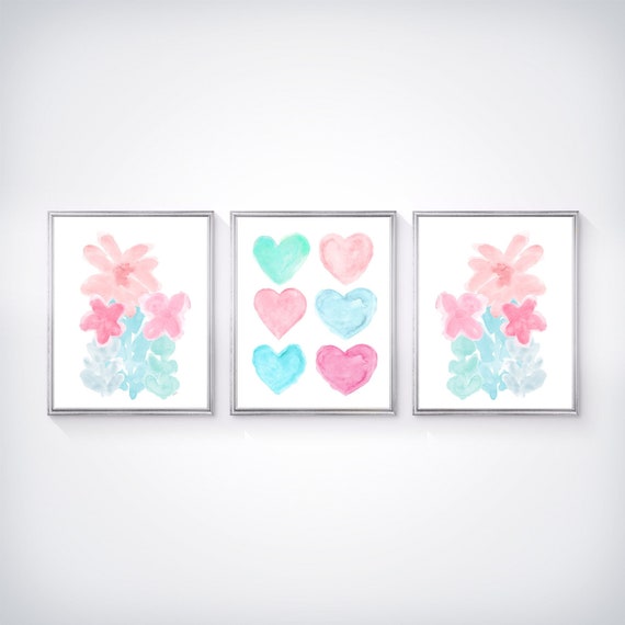 Contemporary Nursery Decor, Pastel Hearts and Flowers; Set of 2  Girl's Prints