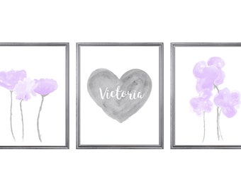 Lavender and Gray Wall Art, Set of 3, Flowers and Heart, Gray and Purple Nursery, Gray and Lavender Wall Decor, Lavender Girls Room Decor