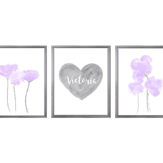 Lavender and Gray Prints, Set of 3 Flowers and Personalized Heart