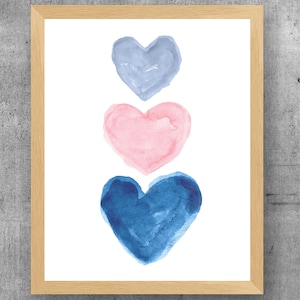 Pink and Navy Wall Decor for Girls, Navy and Pink Wall Prints, Watercolor Hearts, Navy and Pink Nursery Prints, Blue and Pink Wall Art