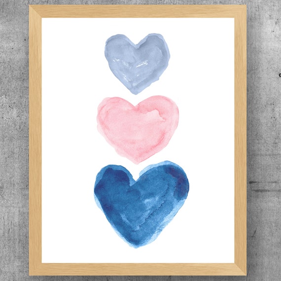 Pale Pink and Navy Girls Decor, Heart Trio Watercolor Print