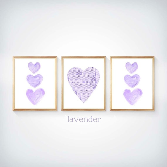 Lavender Wall Decor for Girls, 8x10 Set of 3 Watercolor Heart Prints