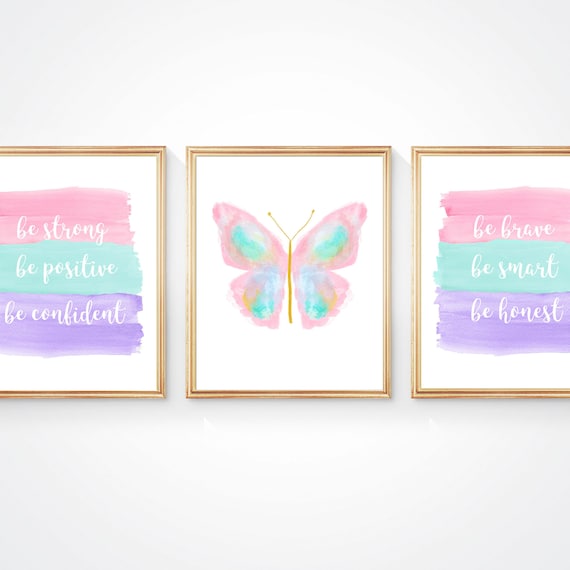 Bright Pastel Girl Power Decor, Set of 3 Butterfly Inspirational Prints