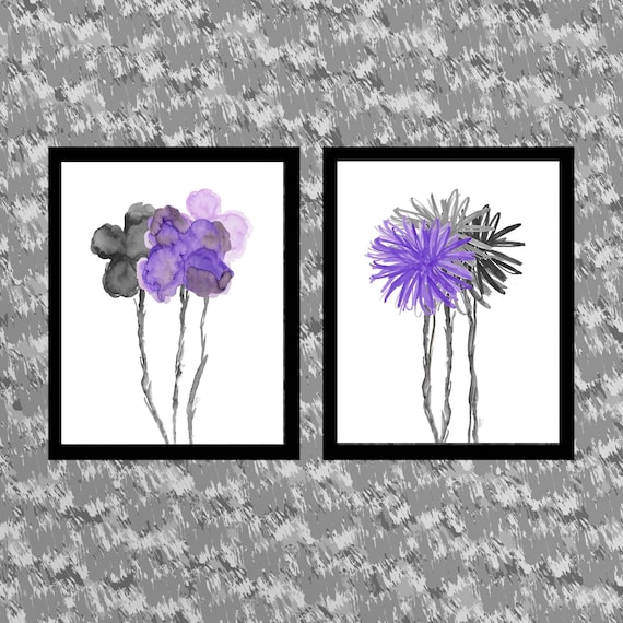 Contemporary Purple and Black Flower Prints, Set of 2