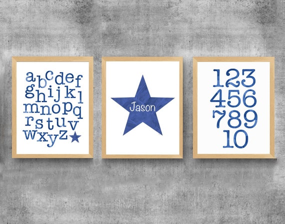 ABC 123 Wall Art, Set of 3 Personalized Prints for Playroom