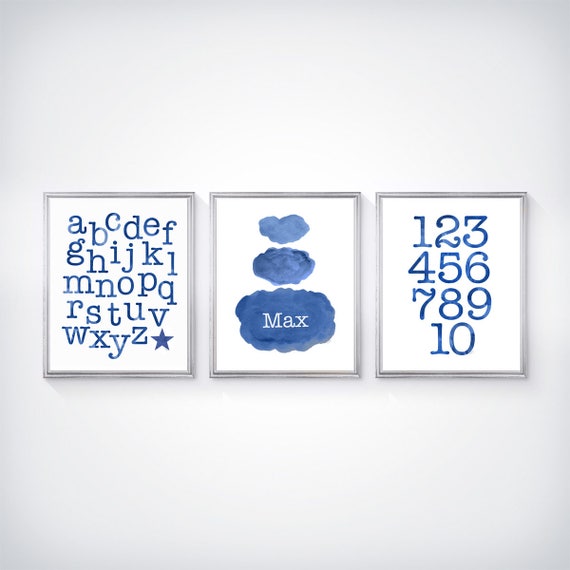 Navy ABC and Cloud Print Set, Set of 3 - 8x10 Personalized Prints