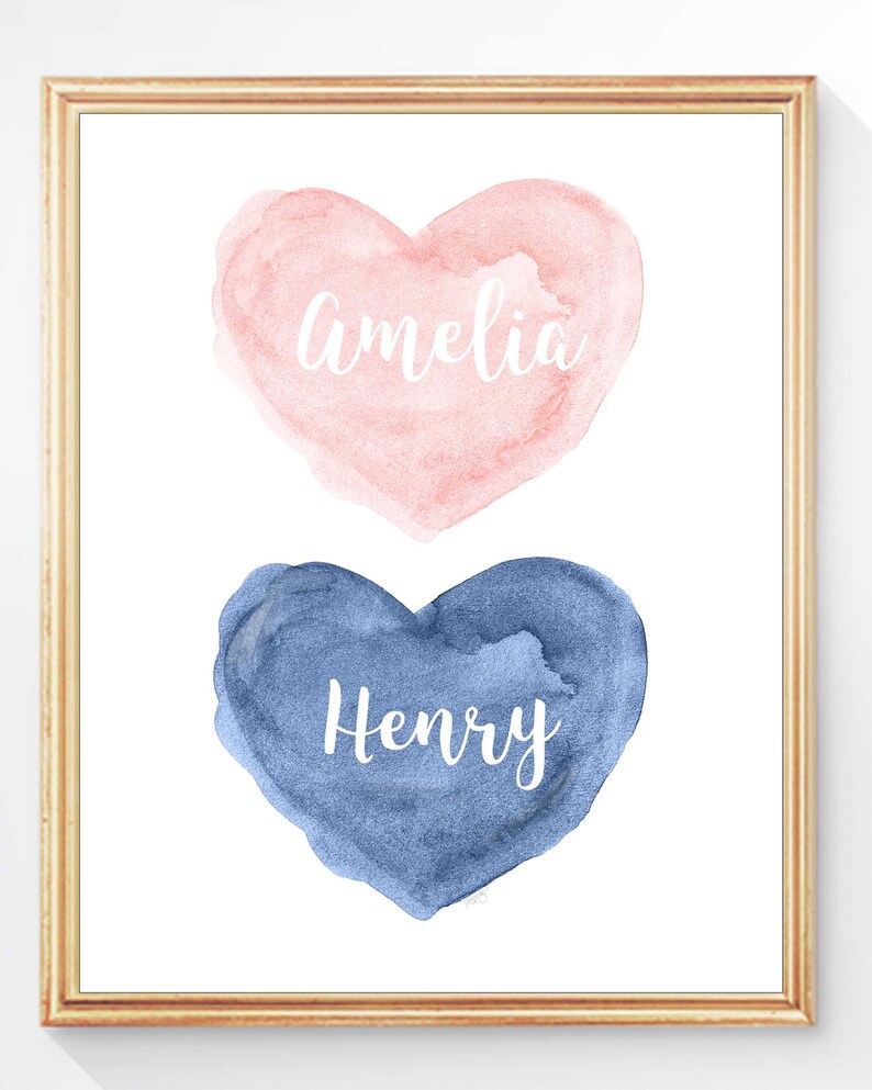 Boy Girl Name Wall Art, Brother Sister Print, Blush and Navy Nursery