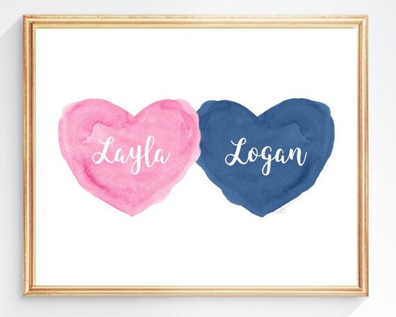 Pink and Navy Nursery Kids Wall Decor, Personalized Hearts Print