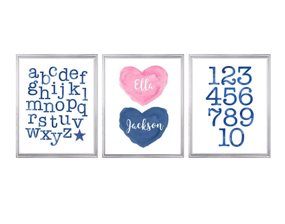 Pink and Navy Playroom Wall Decor, Set of 3 ABC 123 Learning Prints