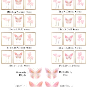 May include: Set of eight printable watercolor floral and butterfly illustrations. The prints feature pink flowers with gold stems and butterflies with pink and gold wings. The prints are available in two color palettes: blush and pink. The text "Prints are unframed" appears at the top and bottom of the image.