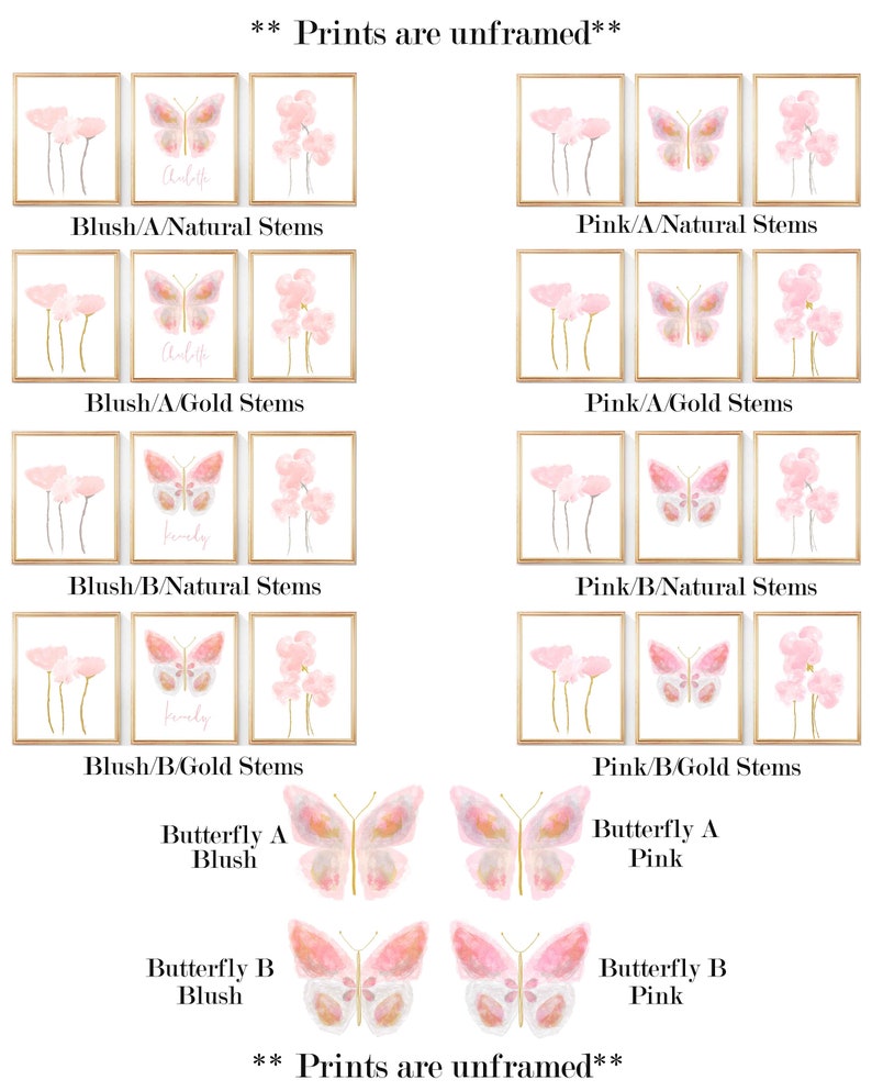 May include: Set of eight printable watercolor floral and butterfly illustrations. The prints feature pink flowers with gold stems and butterflies with pink and gold wings. The prints are available in two color palettes: blush and pink. The text "Prints are unframed" appears at the top and bottom of the image.