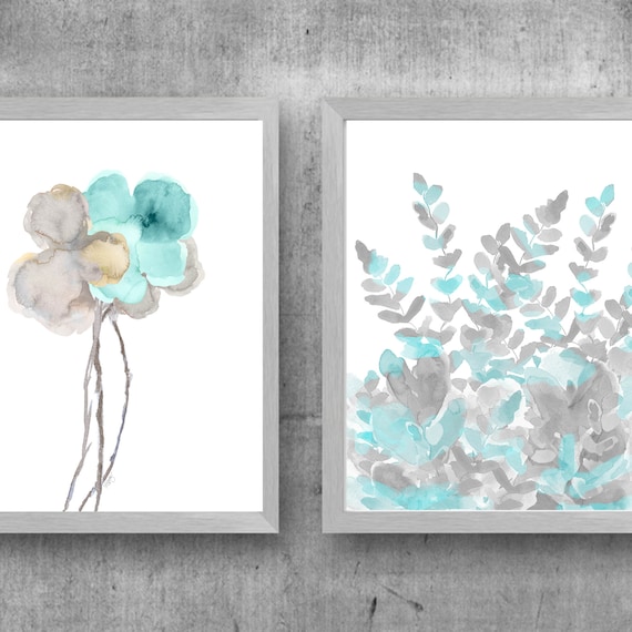 Aqua and Gray Living Room Art, Set of 2 Watercolor Prints