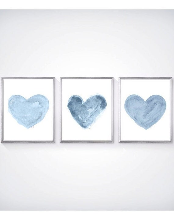 Denim Blue Nursery Art, Set of 3 Watercolor Heart Prints
