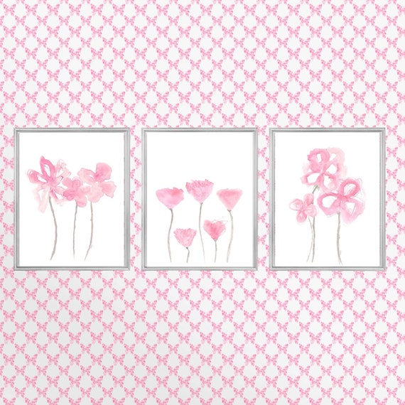 Contemporary Pink Wall Decor for Girls Bedroom, Set of 3 Pink Flower Prints