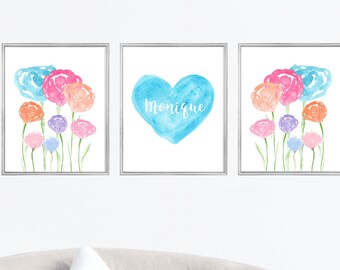 Bright Pastel Flower Prints with Personalized Heart, Set of 3