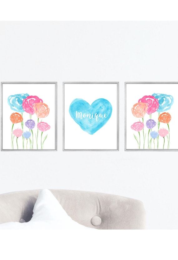 Bright Pastel Flower Prints with Personalized Heart, Set of 3