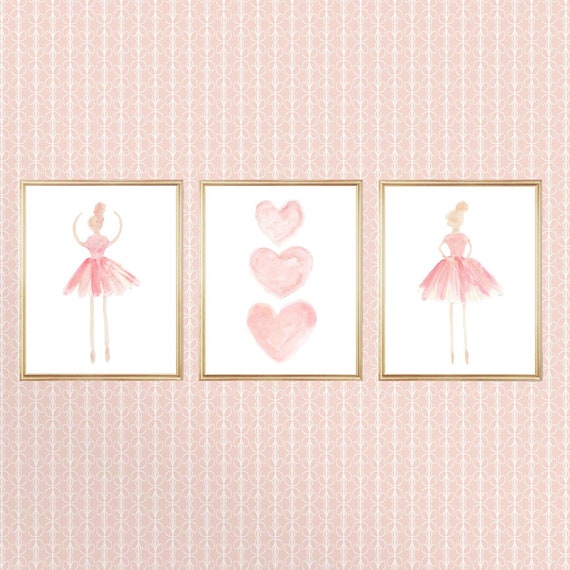Girls Ballet Decor; Pink Ballerina and Hearts, Set of 3 Prints