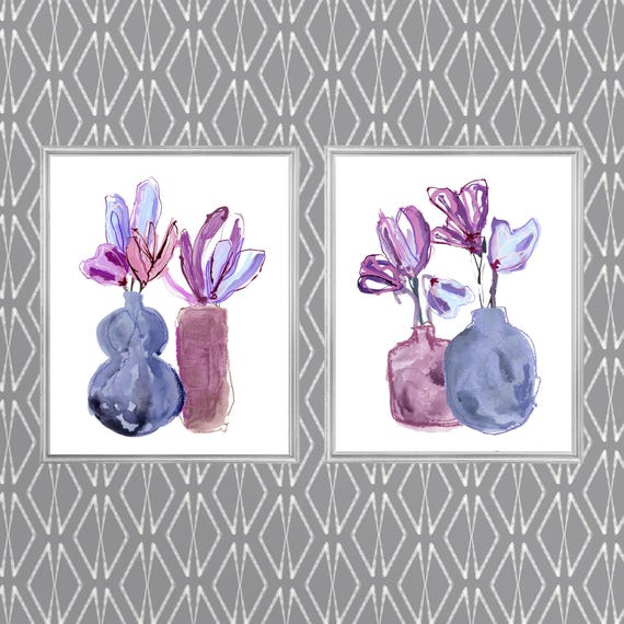 Purple and Blue Floral Wall Art: Set of 2 Prints