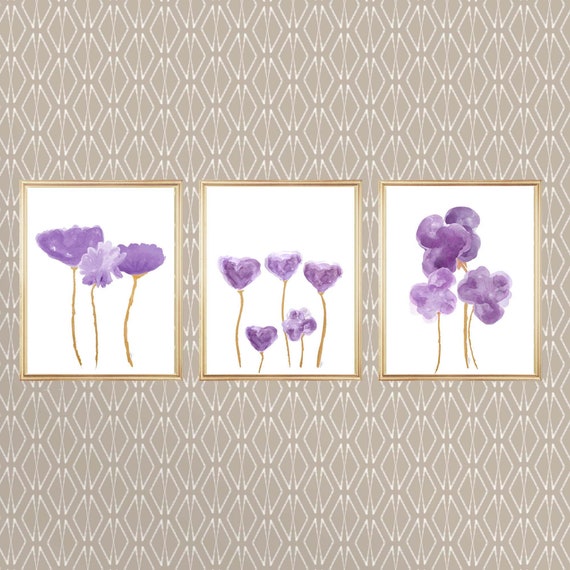 Plum and Gold Wall Decor, Set of 3 Flower Prints