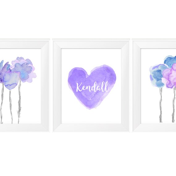 Lavender and Blue Wall Decor, 11x14, Flower and Heart Prints with Custom Name