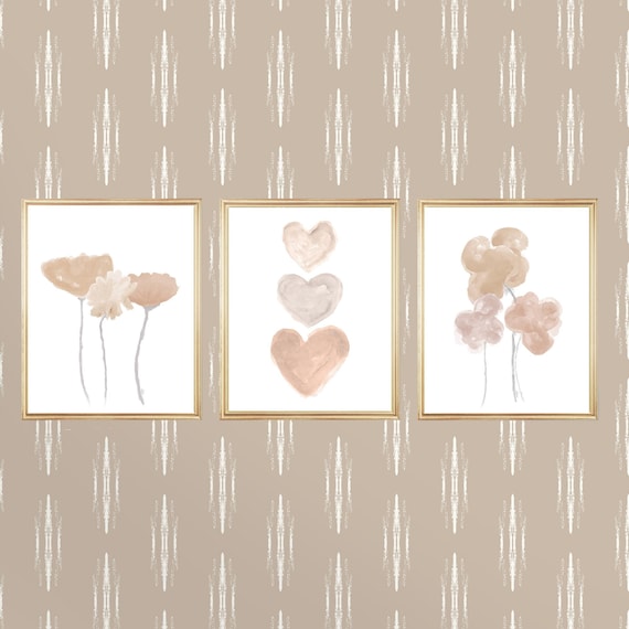 Neutral Baby Nursery; Set of 3 Natural Flower and Heart Prints