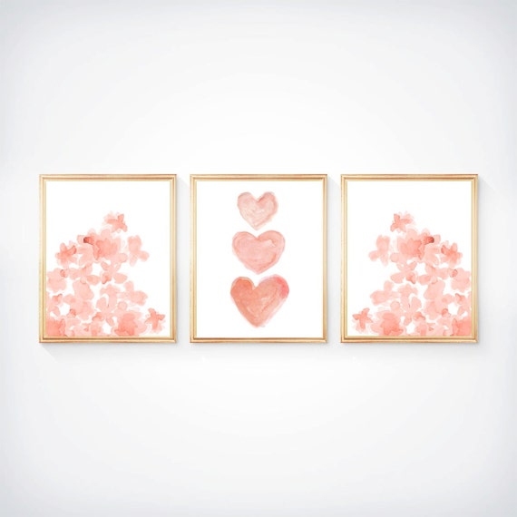 Nursery Gallery Wall with Flowers and Hearts; Set of 3 Prints