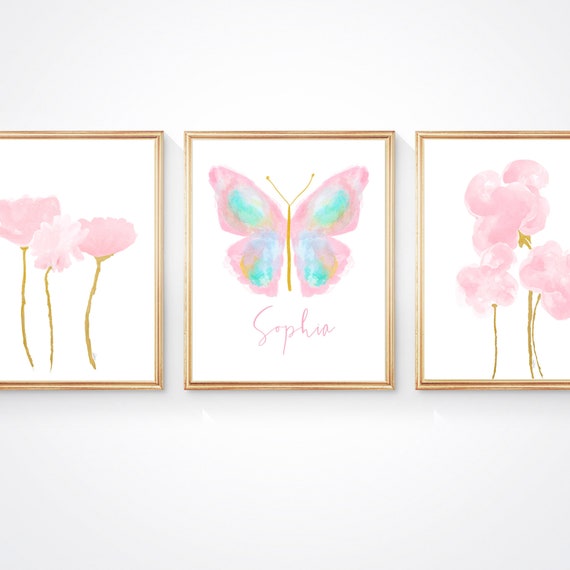 Pastel Butterfly and Pink Flowers, Print Set of for Girls Bedroom