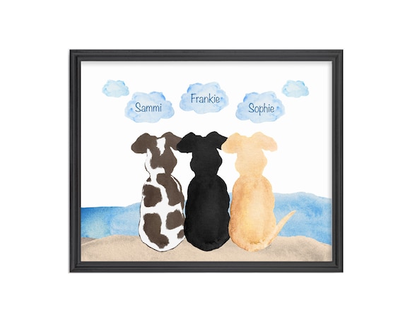 Three Dog at Beach Wall Art, Personalized Memorial Gift, 8x10