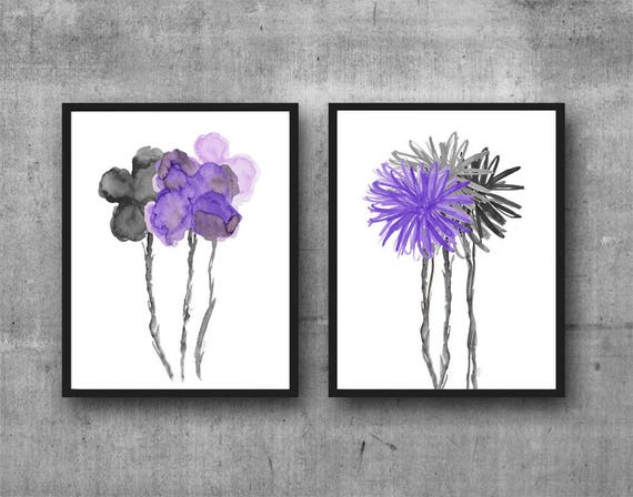 Contemporary Purple and Black Flower Prints, Set of 2