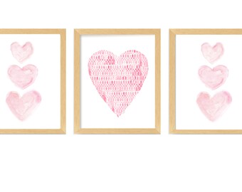 Pink Heart Prints for Girls Room, Set of 3 Nursery Wall Art, Pink Heart Wall Decor, Little Girls Bedroom Art, Pink Bathroom Prints,Heart Art