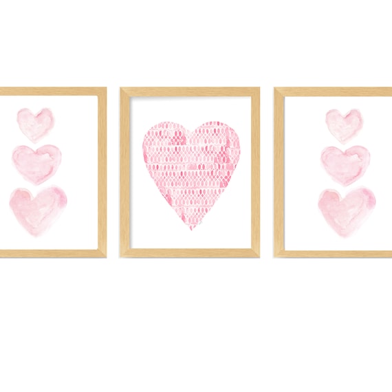 Pink Heart Prints for Nursery, Set of 3 Prints