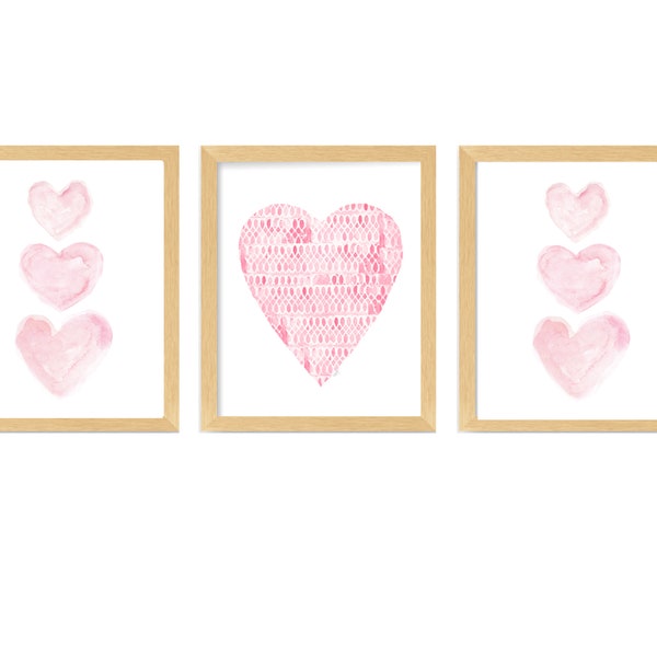 Pink Heart Prints for Girls Room, Set of 3 Nursery Wall Art, Pink Heart Wall Decor, Little Girls Bedroom Art, Pink Bathroom Prints,Heart Art