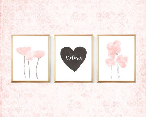 Black and Blush Nursery, Set of 3 Personalized Heart and Flower Watercolor Prints