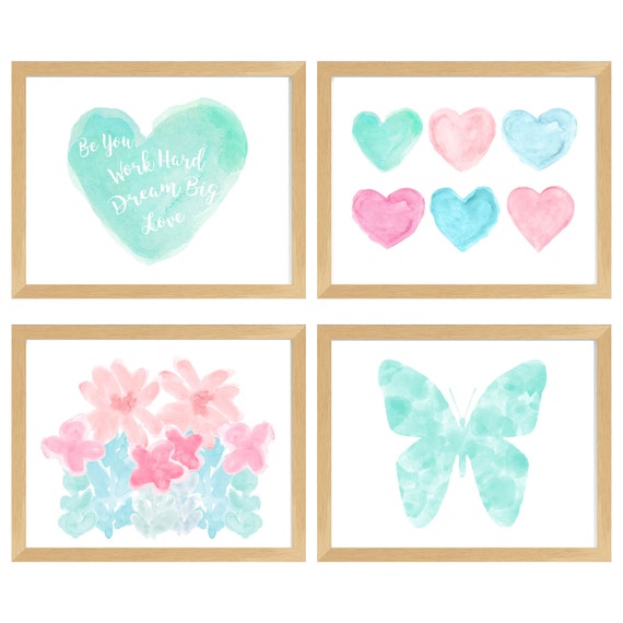 Girls Inspirational Gallery Wall, Butterfly and Heart Prints, Set of 4