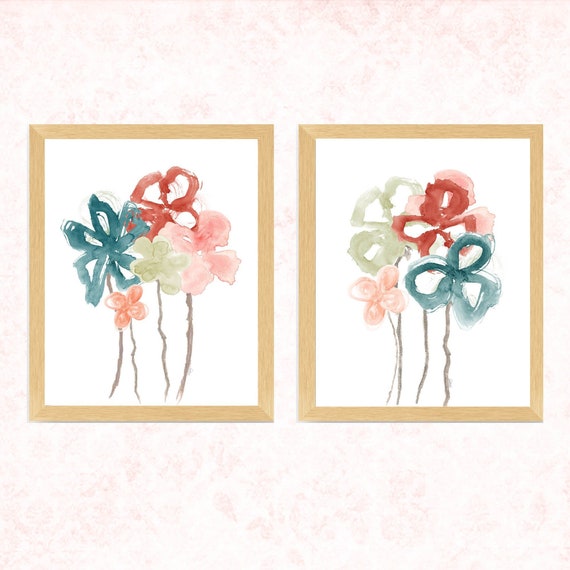 Blush and Teal Wall Decor; Set of 2 Boho Floral Bedroom Watercolor Prints