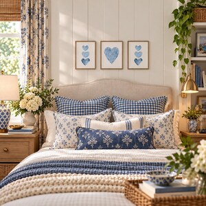 K&ouml;nnte beinhalten: Ein Schlafzimmer mit einem beigen Polsterkopfteil und einer Auswahl an blau-wei&szlig; gemusterten Kissen, darunter Vichy- und Blumenmuster. Drei gerahmte Bilder mit blauen Herzen h&auml;ngen an der wei&szlig;en Wandvert&auml;felung &uuml;ber dem Bett.