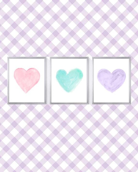 Pastel Nursery Wall Decor, Set of 3 Watercolor Heart Prints