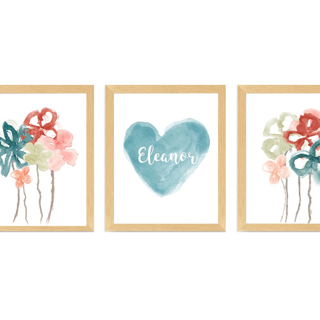 Teal and Blush Wall Art, Teal Flower Prints, Teal Wall Decor for Girls Bedroom, Personalized